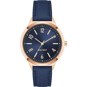 Womens navy blue strap watch rose gold face faux leather buckle analog watch